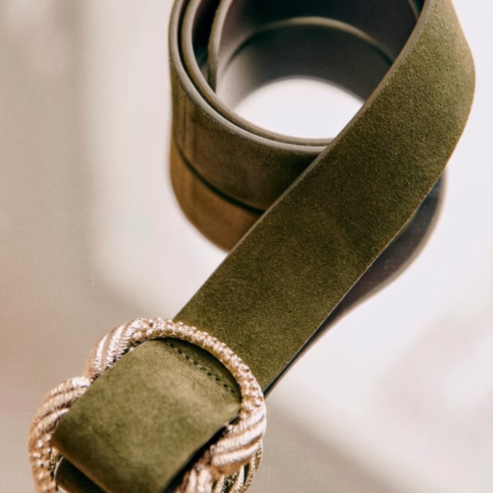 Sezane Olive Green “Artemis” Suede Belt with Gold Buckle